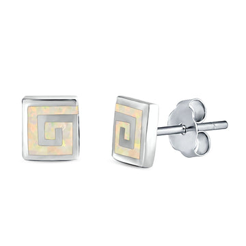 Square Spiral Swirl Stud Earrings Lab Created White Opal 925 Sterling Silver (7mm)